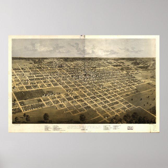 Springfield Illinois 1867 Antique Panoramabalkarte Poster (Vorne)