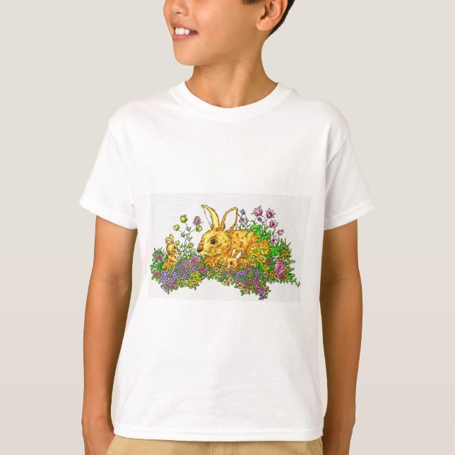 Springtime Bunnies in einem Bereich der Blume T-Shirt (Vorderseite)