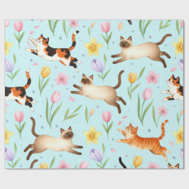 Springtime Cat Parade – Leaping Felines & Blossoms Geschenkpapier