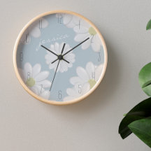 Springtime Daisies Blue Modern Floral Daisy Clock