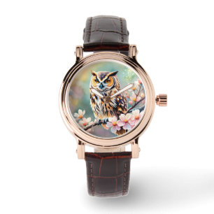 Springtime, Eule, rosa Blüten Armbanduhr