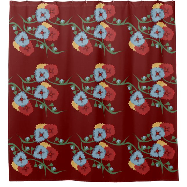 Springtime Floral Botanische Farbe Burgandy Duschvorhang (Vorderseite)