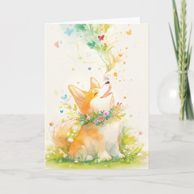Springtime flüstert mit einem Happy Corgi Karte (Vorderseite)