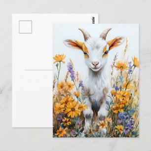 Springtime Goat Kid Yellow Wildblumen Postkarte