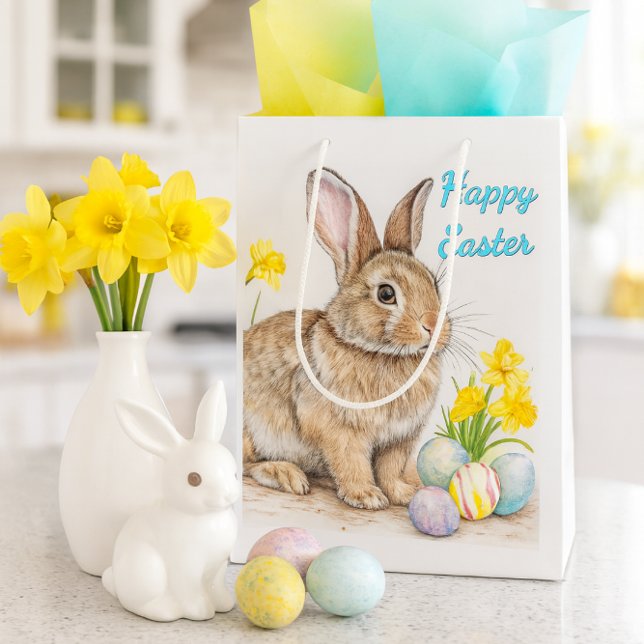 Springtime Happy Easter Rabbit  Mittlere Geschenktüte (Celebrate Easter with a charming bunny gift bag, pastel tissue, daffodils, and spring kitchen decor.)