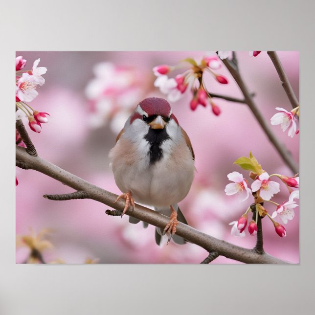 Springtime Serenity: Niedlicher Sparrow Poster (Vorne)