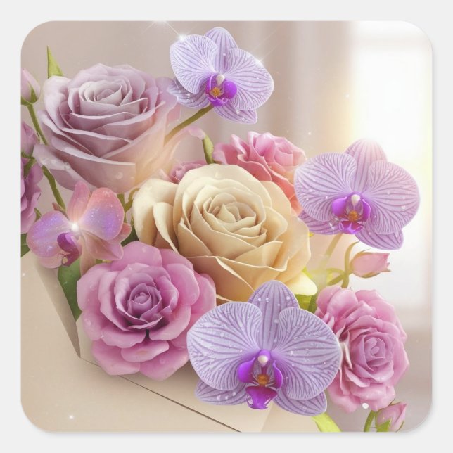Springtime Splendor 3D Grußkarte mit Dew-Kiss Quadratischer Aufkleber (Vorderseite)