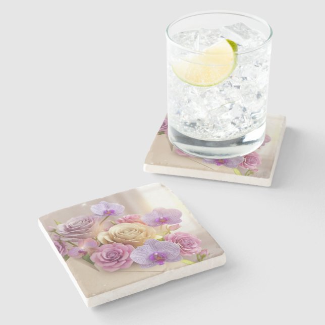 Springtime Splendor 3D Grußkarte mit Dew-Kiss Steinuntersetzer (Seitenansicht)