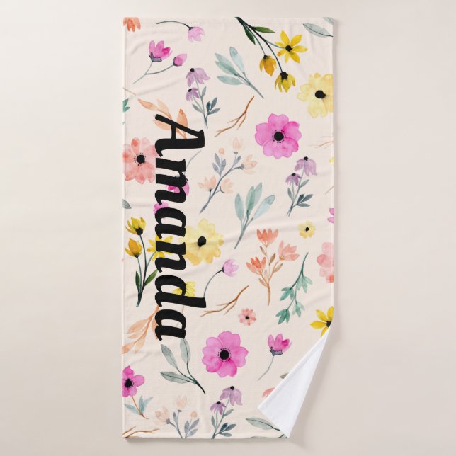 Springtime Watercolor Personalisierter Name Badehandtuch (Badehandtuch)