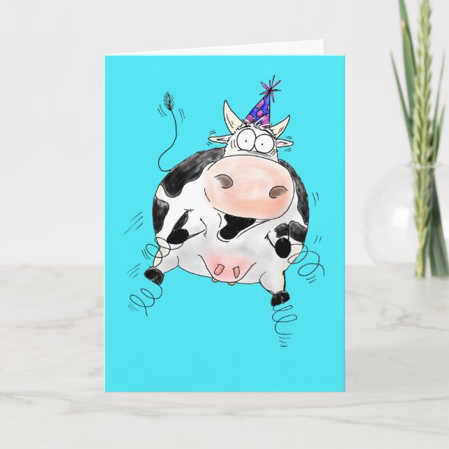 Springy Cow Cartoon Happy Birthday Card Karte (Vorderseite)