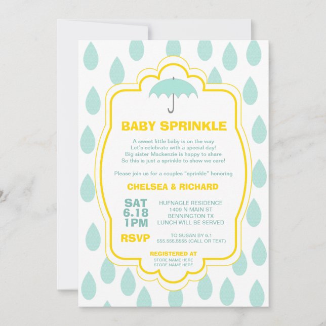 Sprinkle Baby Dusche lädt Raindrop aquamarin gelb  Einladung (Vorderseite)