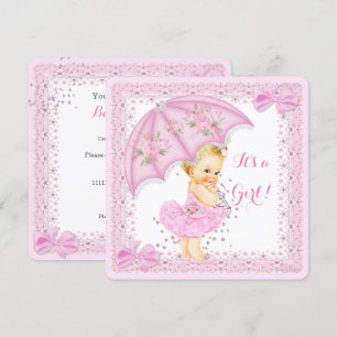 Sprinkle-Baby-Shower Mädchen Rosa Regenschirm Blon Einladung