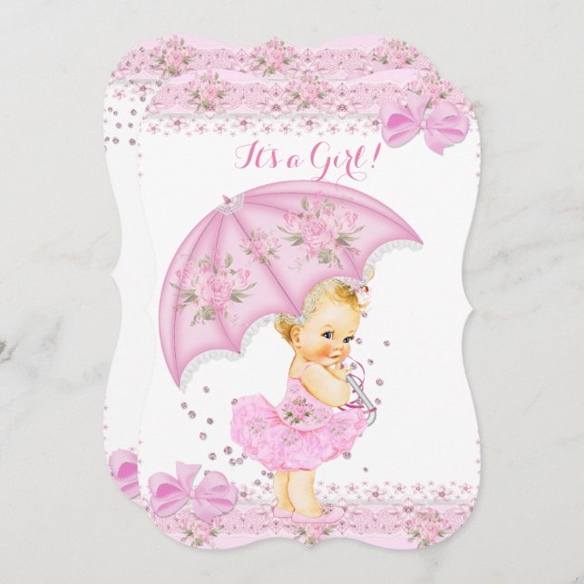 Sprinkle Blonde Baby Dusche Girl Bloral Pink Einladung (Vorne/Hinten)