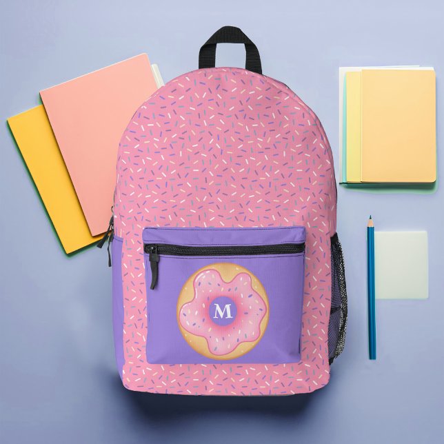 Sprinkle Doughnut Custom Monogram Bedruckter Rucksack (Pink Sprinkle Doughnut Girls Backpack)