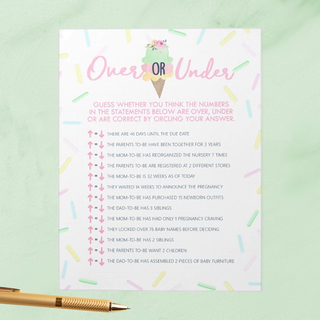 Sprinkle Ice Creme Over oder Under Dusche Game Pac Notizblock (Over or Under Ice Cream Scooped Up Bridal Shower Game Pack of 40 Answer Sheets)