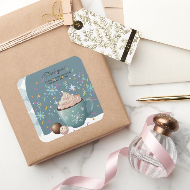 Sprinklen Hot Cocoa Winter Snowflakes Babydusche Quadratischer Aufkleber (Schenken)