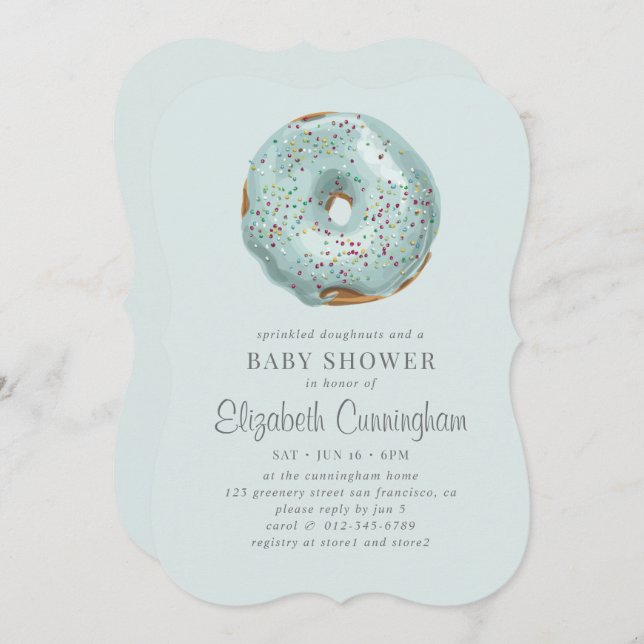 Sprinkler Doughnut und eine Babydusche Einladung (Vorne/Hinten)