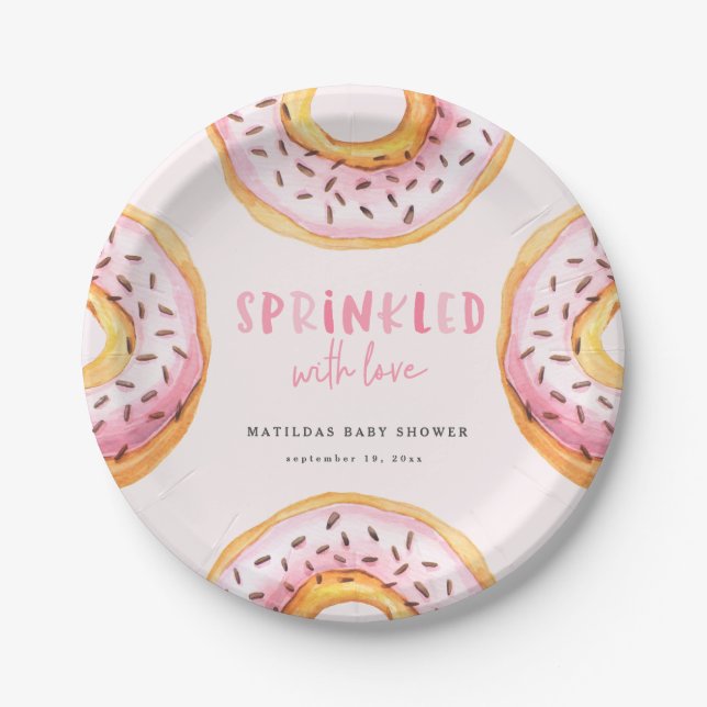 Sprinkler mit Liebe Donut Babydusche Pappteller (Vorderseite)