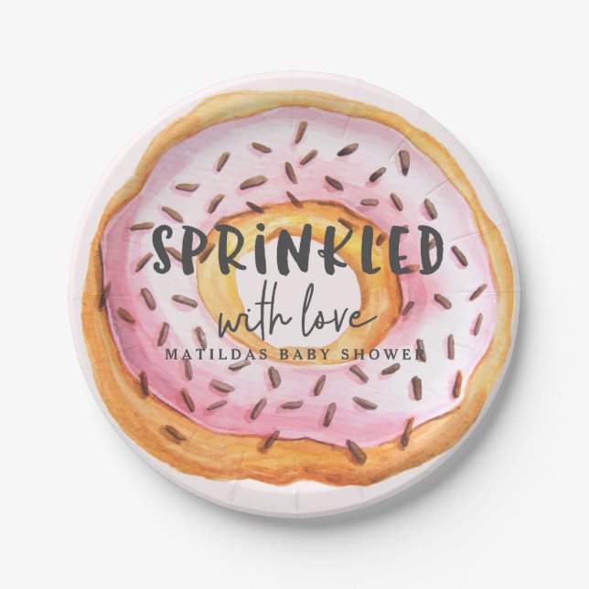 Sprinkler mit Liebe Donut Babydusche Pappteller (Vorderseite)