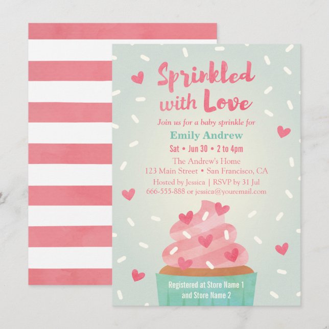 Sprinklergespinst mit Liebe Cupcake Baby Sprinkle- Einladung (Vorne/Hinten)
