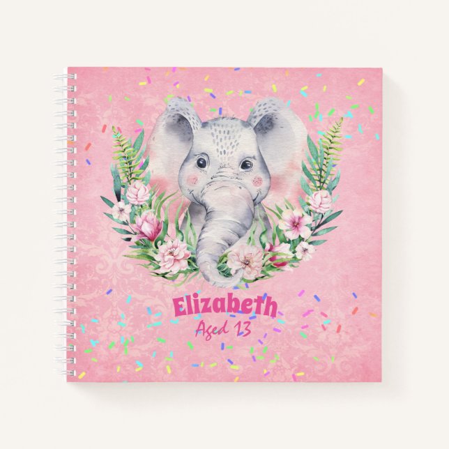 Sprinkles Elephant Boho Floral Girls NAMED Geschen Notizbuch (Vorderseite)