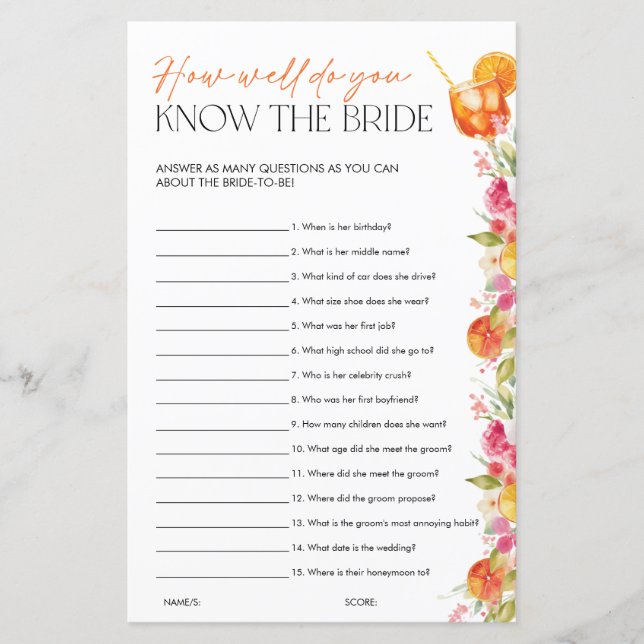 Spritz Citrus Bridal Shower Games Know the Bride (Vorderseite)