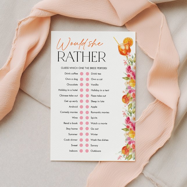 Spritz-Junggesellinnen-Abschiedsspiele Würde sie e (Would she rather? First Spritz Bridal Shower Theme)