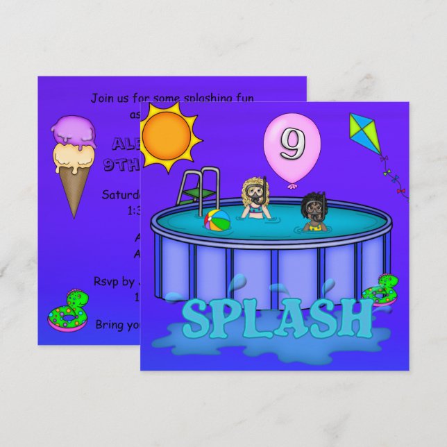 "Spritzen-" Pool-Party-9. Geburtstag Einladung (Vorne/Hinten)