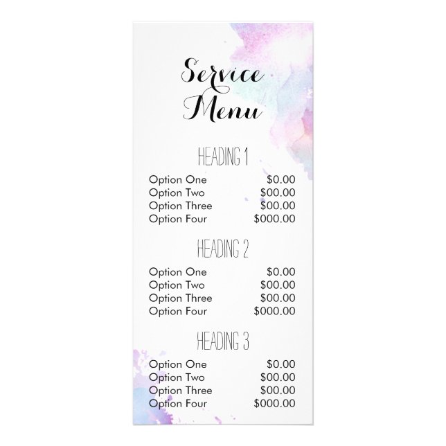 Spritzer Salon Service Menü Aquarellfarbe (Vorne)