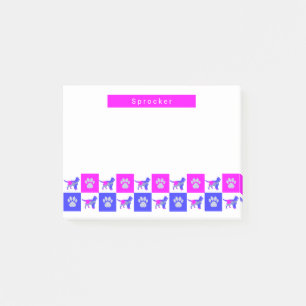 Sprocker Spaniel Dog & Paw Print Hot Pink & Blue Post-it Klebezettel