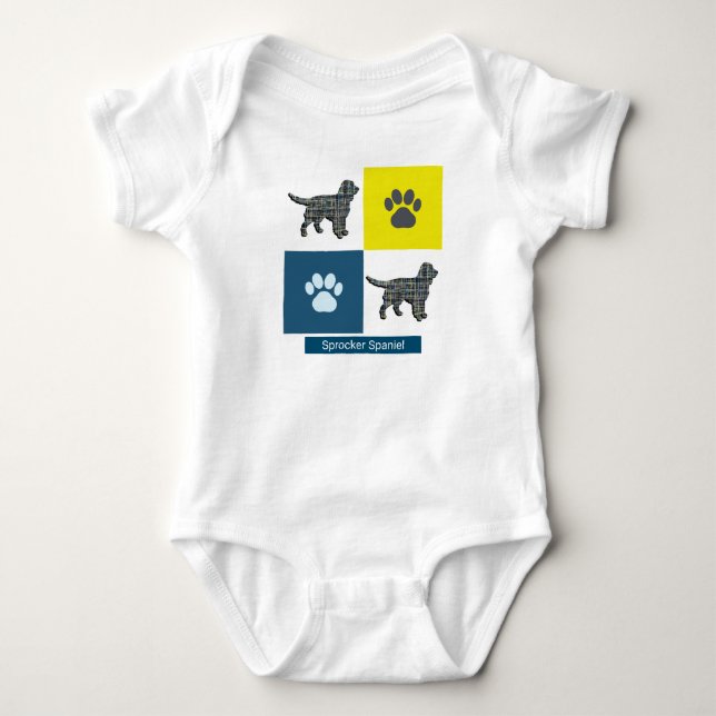 Sprocker Spaniel Dog & Paw Y&B Grid Square Baby Strampler (Vorderseite)