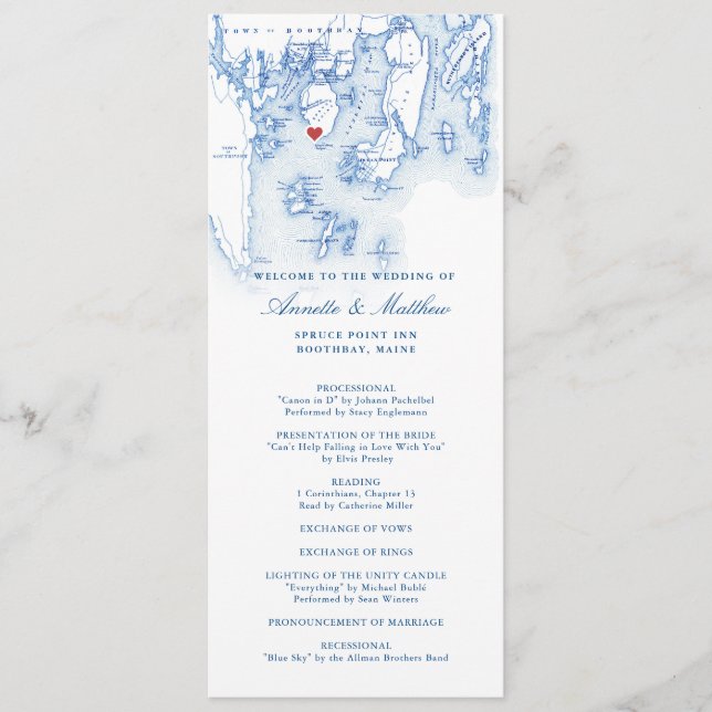 Spruce Point Inn Maine Elegante Navy Blue Wedding Programm (Vorderseite)