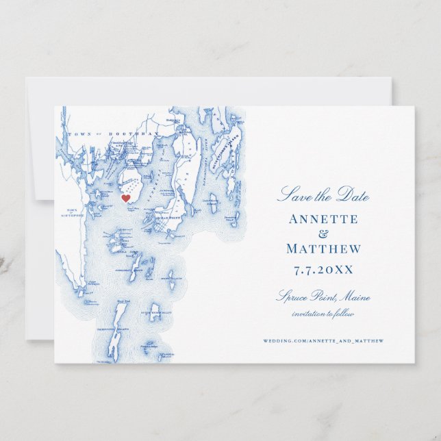 Spruce Point Maine Elegant Blue Map und Foto Save The Date (Vorderseite)