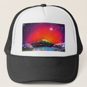 Sprühfarbe Kunst Berg Teich Sonnenuntergang Malere Truckerkappe
