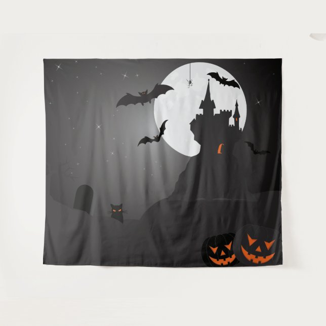 Spuk Burg Vollmond Halloween Foto Hintergrund Wandteppich (Vorderseite (Horizontal))