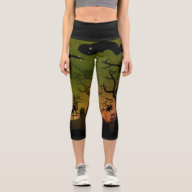Spuk Friedhofszene Halloween Capri Leggings (Vorderseite)