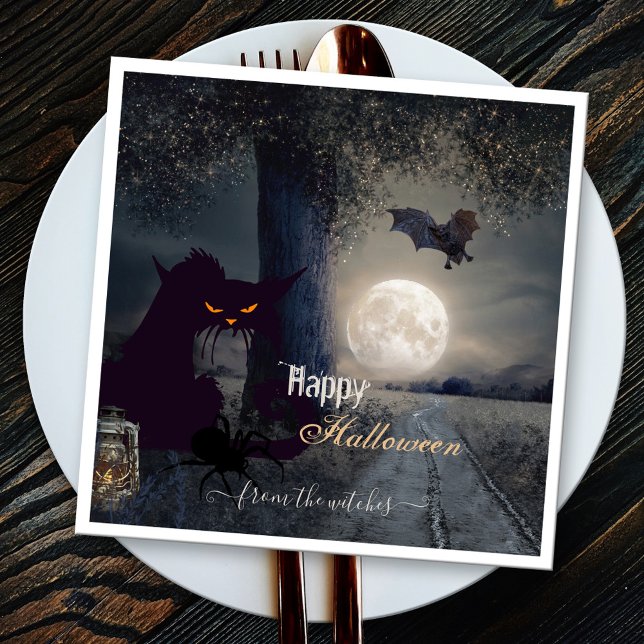 Spuk Halloween Black Cat Paper Serviette (Happy Haunted Halloween napkins with a night scene with black cat, spider and bat at full moon)