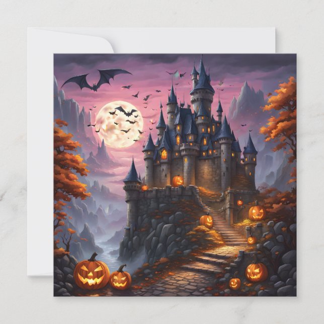 Spuk Halloween Castel und Pumpkins Feiertagskarte (Vorderseite)