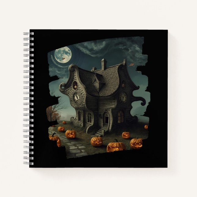 Spuk Halloween House mit Pumpkins und Vollmond Notizbuch (Vorderseite)