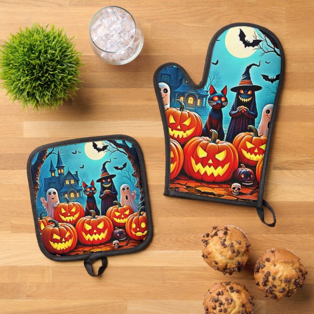 Spuk Halloween Night Design Ofenhandschuh & Topflappen-Set (Oben Unten)