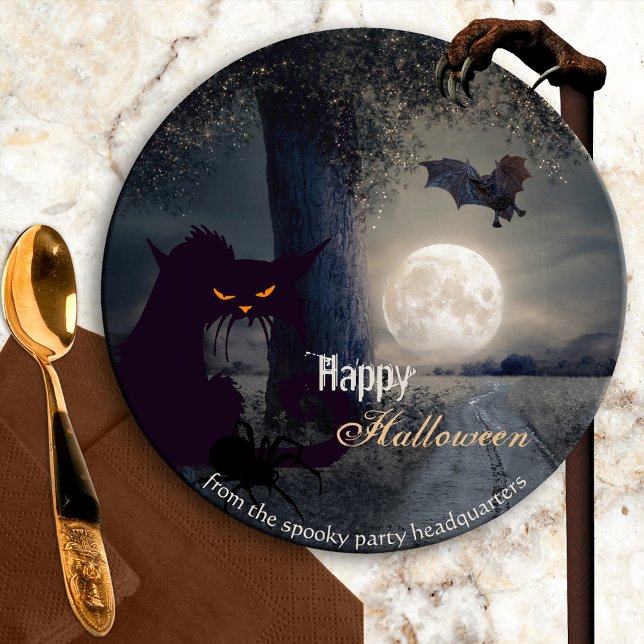 Spuk Halloween-Schwarzkatze Pappteller (Haunted Halloween paper plates showing a night scene with black cat, spider and bat at full moon)