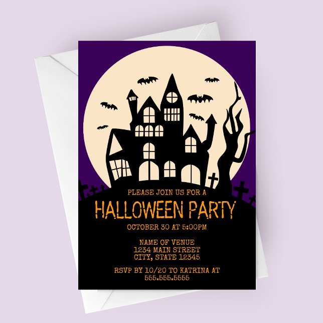 Spuk Haus am Halloween-Party Hill Einladung (Haunted House on a Hill with Purple Sky Halloween Party Invitation)