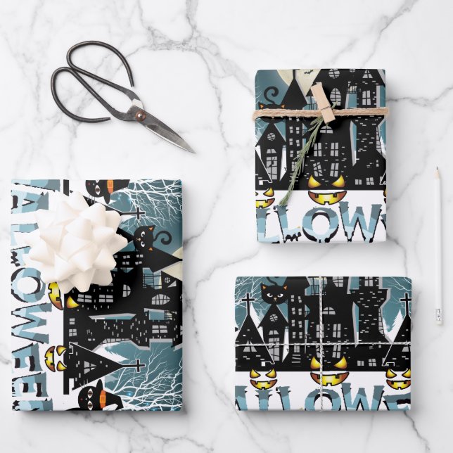 Spuk Haus, Beängstigende Halloween-Nacht Geschenkpapier Set (Vorderseite)