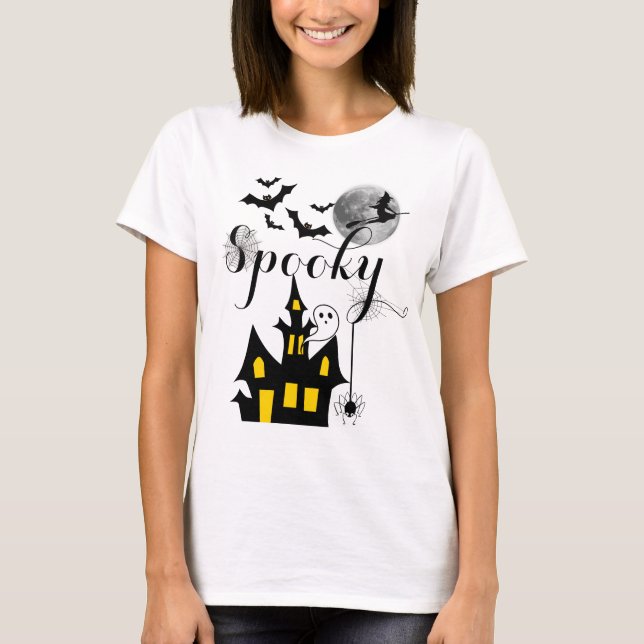 Spuk Haus Flying Hexe Spooky Halloween T-Shirt (Vorderseite)