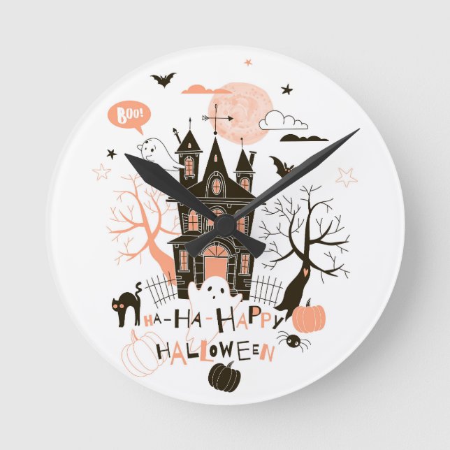 Spuk Haus "Ha Ha Happy Halloween" Runde Wanduhr (Vorderseite)