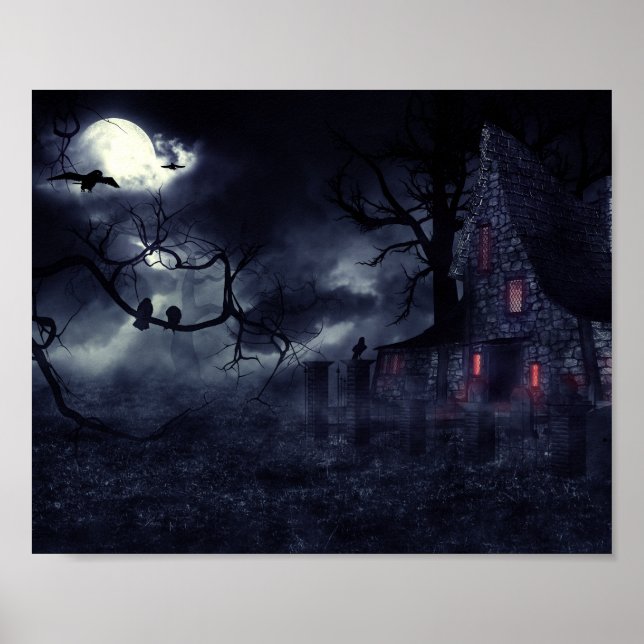 Spuk Haus im Nebel und Krähen Poster (Vorne)