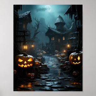Spuk Haus mit Bäumen und Pumkins um Beängstigend Poster