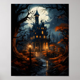 Spuk Haus mit Bäumen zu Halloween Poster