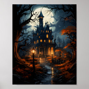 Spuk Haus mit Bäumen zu Halloween Poster