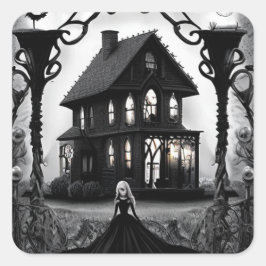Spuk Haus mit Creepy Ghost Lady Quadratischer Aufkleber
